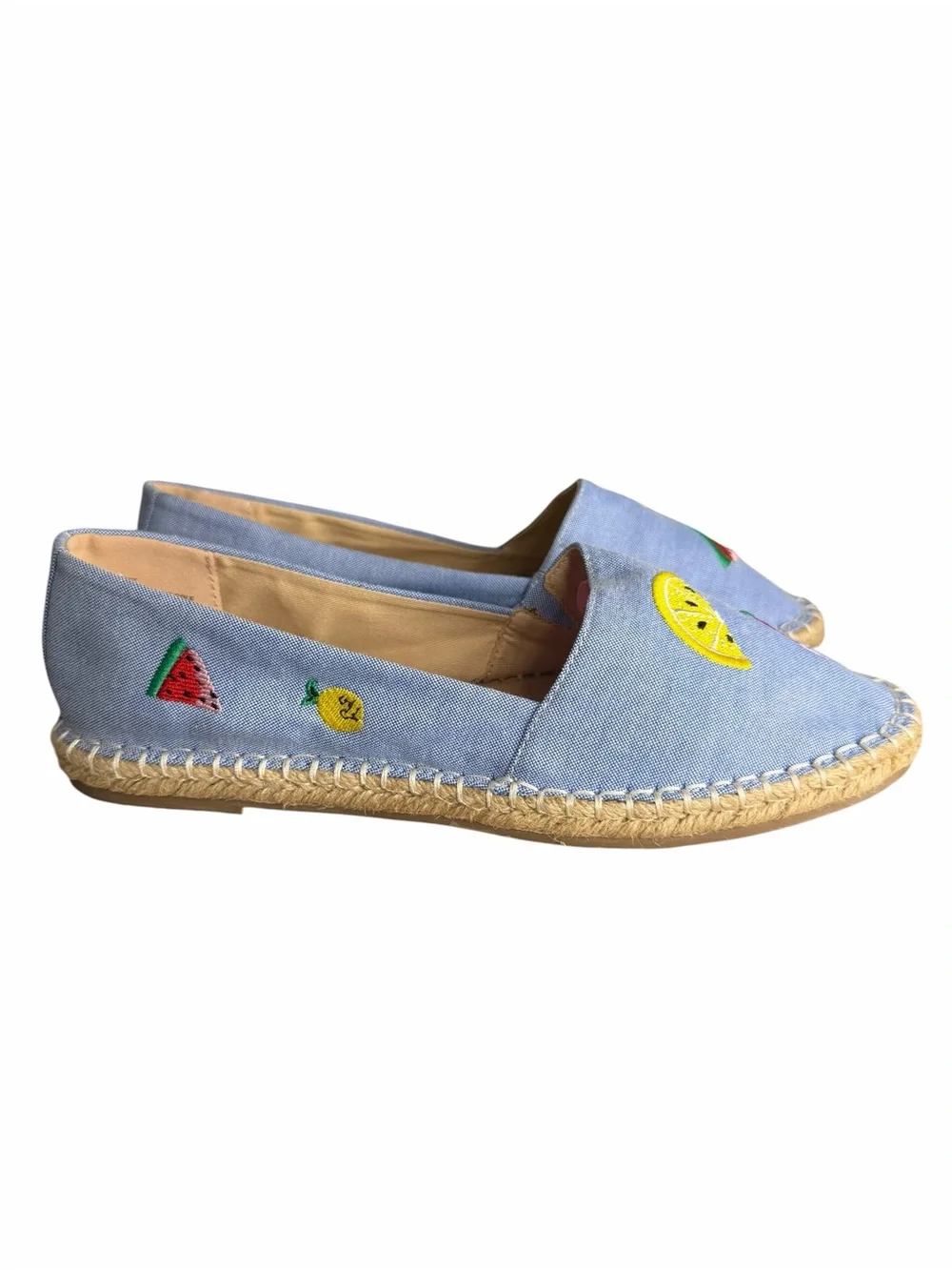 LOFT Chambray Fruit-Embroidered Espadrille Flats size 8M Blue Lemon Watermelon